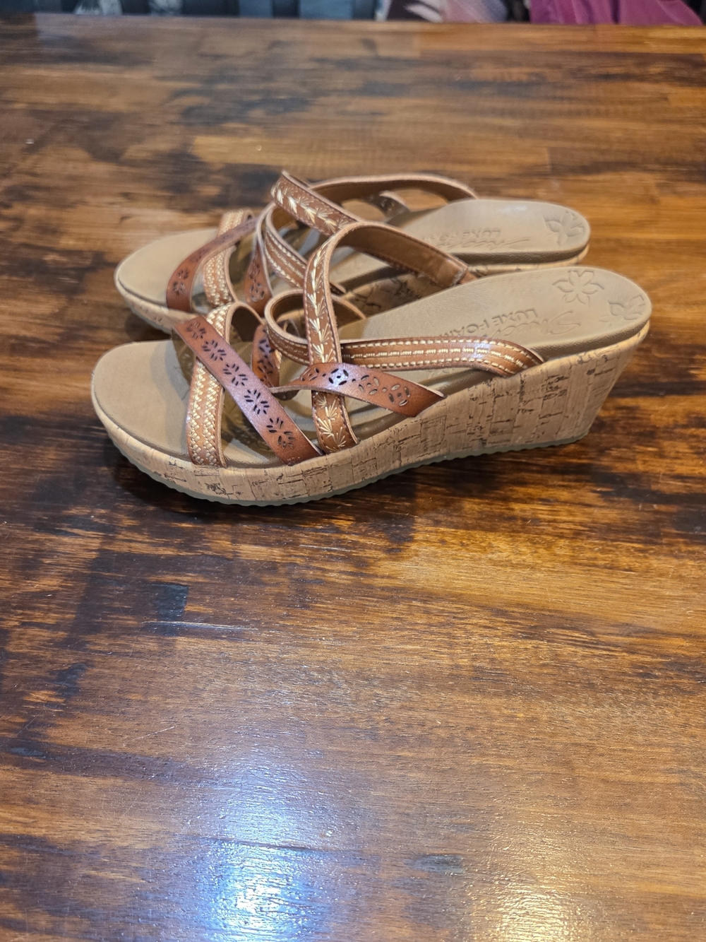 Skechers Women's Beverlee-Tiger Posse Wedge Sandals Size 7 Brown Boho Hippie